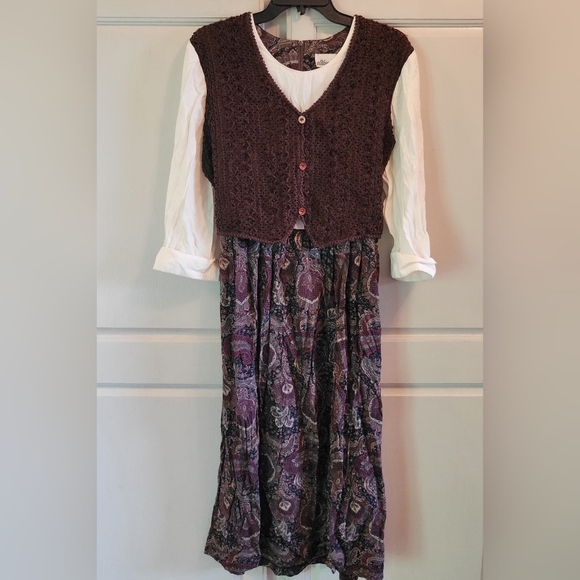 Vintage Allison Che Brown Paisley Print Knit Vest Layered Long Sleeve Midi Dress - Picture 1 of 7